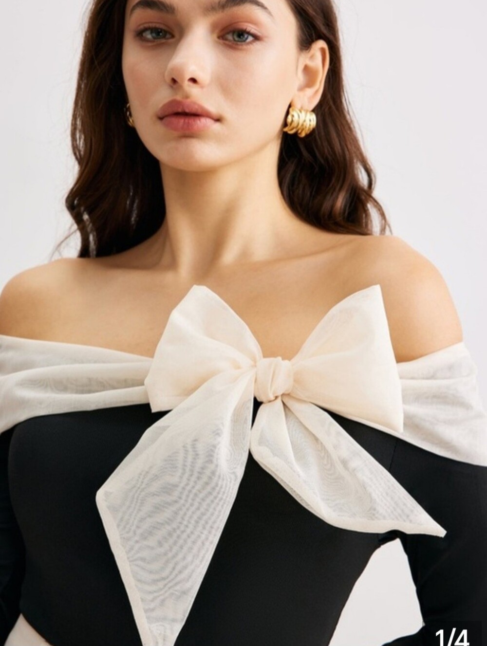 Commense Black Off-Shoulder Top with Ivory Bow